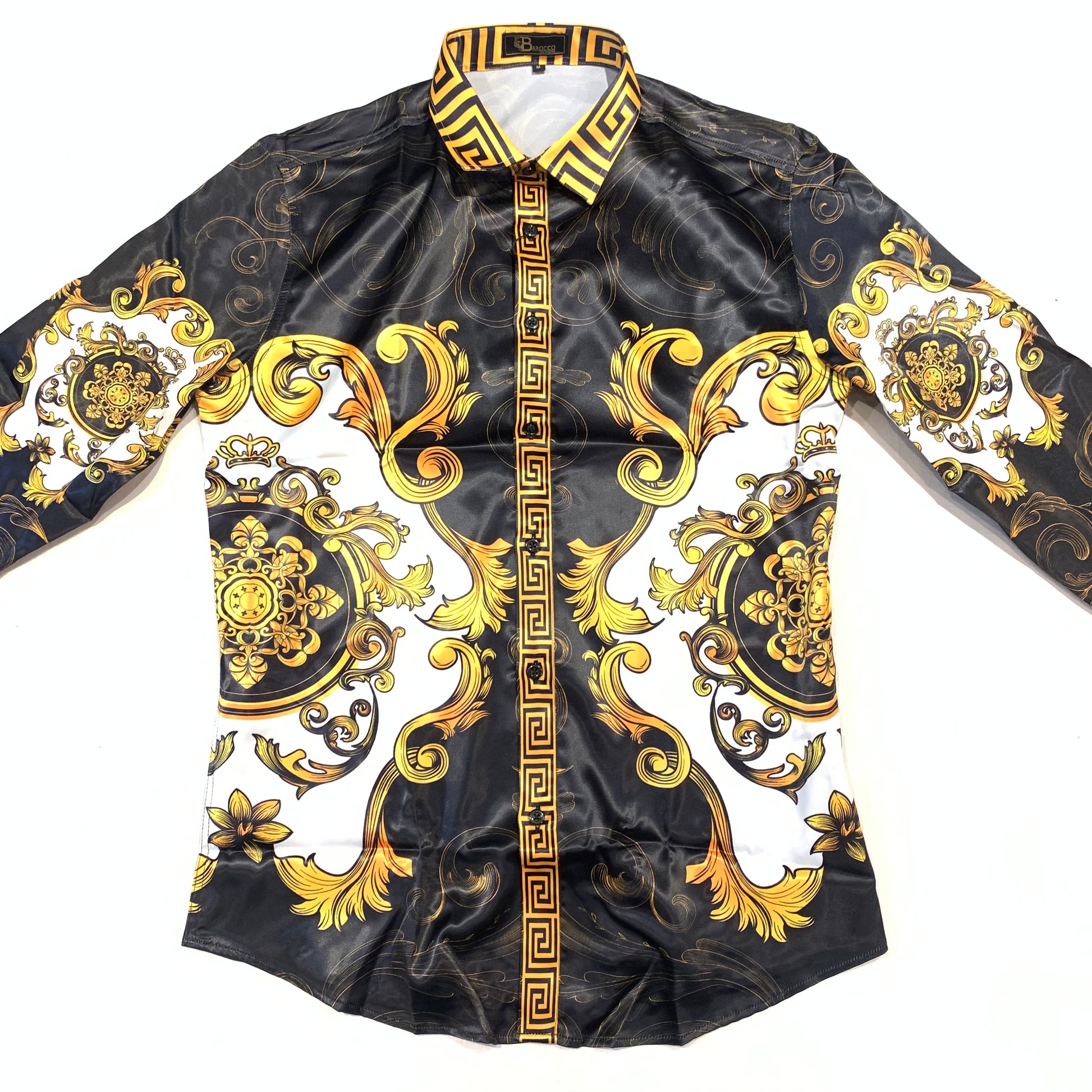 Barocco Men's Black Gold Garden Greek key Button Up Shirt - Dudes Boutique