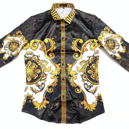 Barocco Men's Black Gold Garden Greek key Button Up Shirt - Dudes Boutique