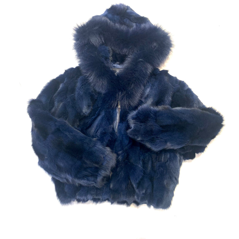 Kashani Women's Navy Blue Full Fox Fur Hooded Bomber Coat - Dudes Boutique