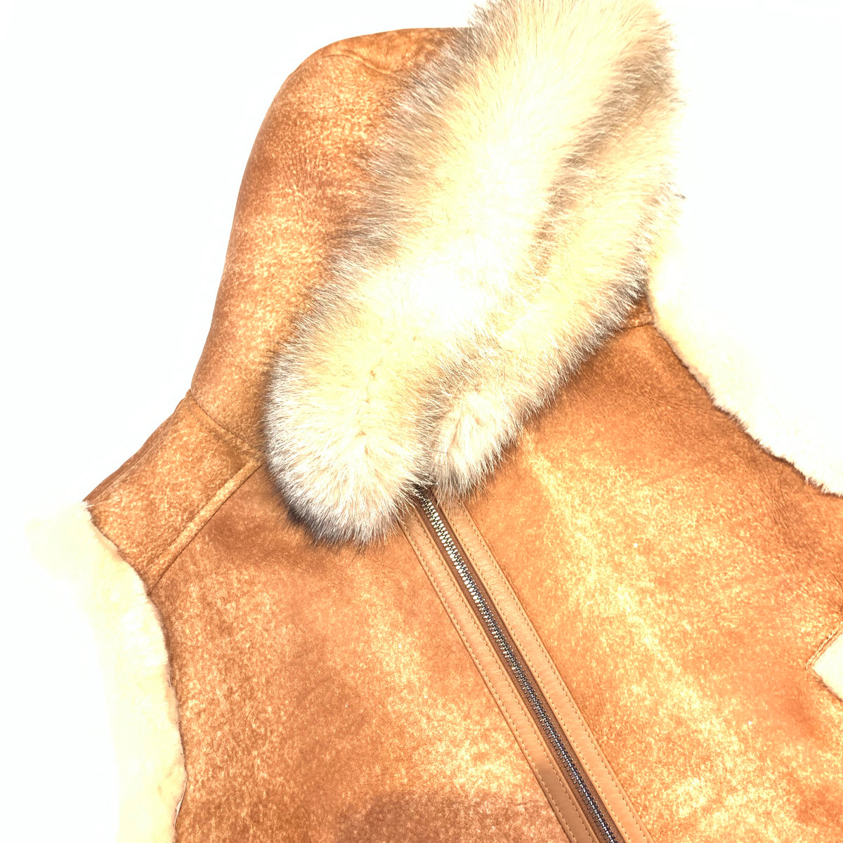 Kashani Cognac Fox Fur Hooded Shearling Vest - Dudes Boutique