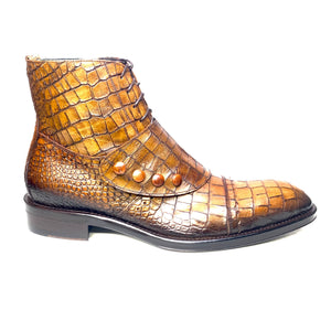 Jo Ghost Embossed Alligator Cognac Button Strap Ankle Boots - Dudes Boutique