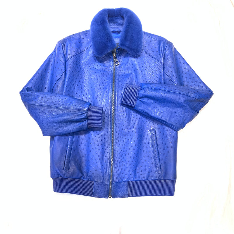 Barya NewYork Royal Blue Full Ostrich Quill/Mink Collar Bomber Jacket - Dudes Boutique