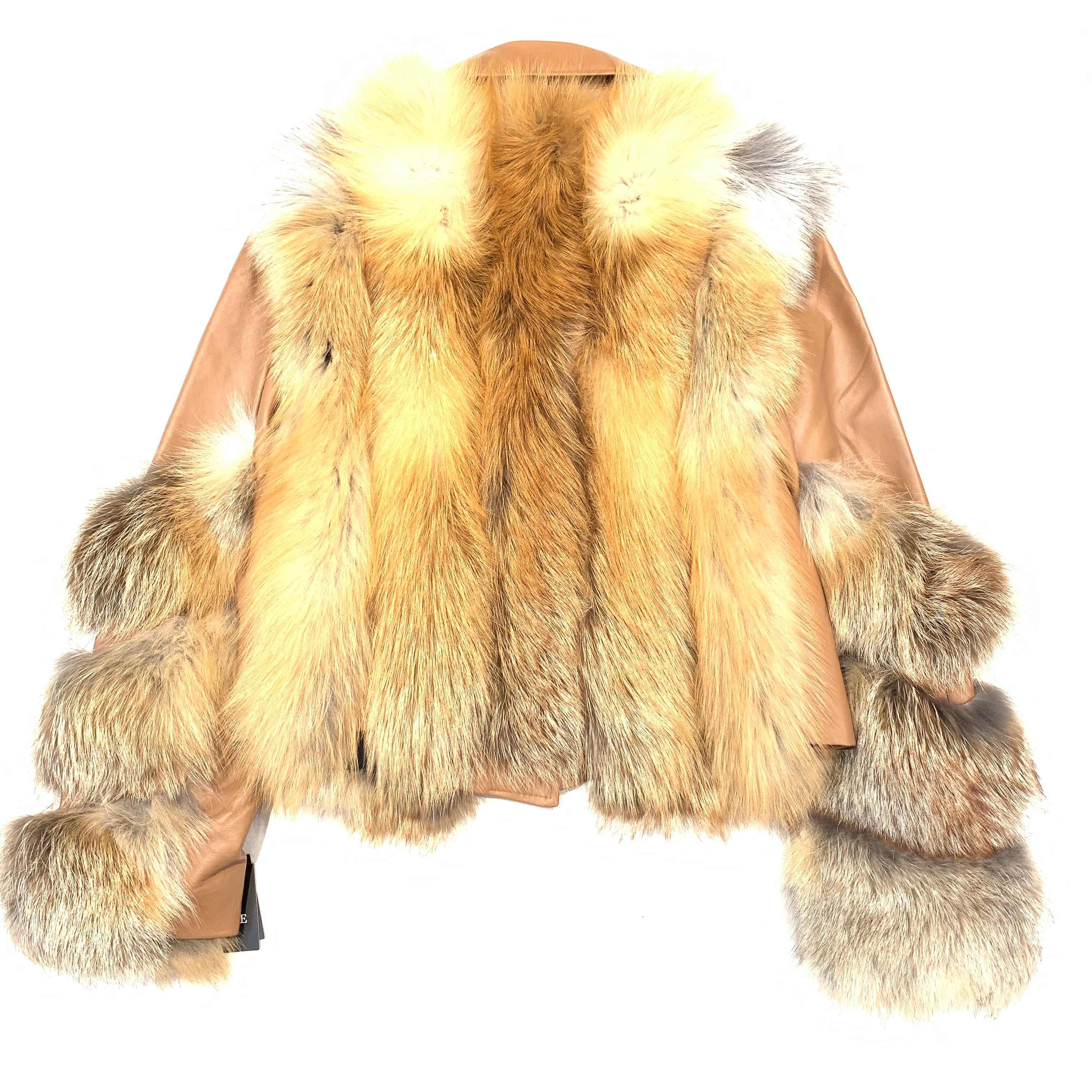 Volare Cognac Fox Fur Biker Jacket - Dudes Boutique