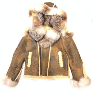 Barya NewYork Caramel Oversized Fox Collar Biker Shearling Coat - Dudes Boutique