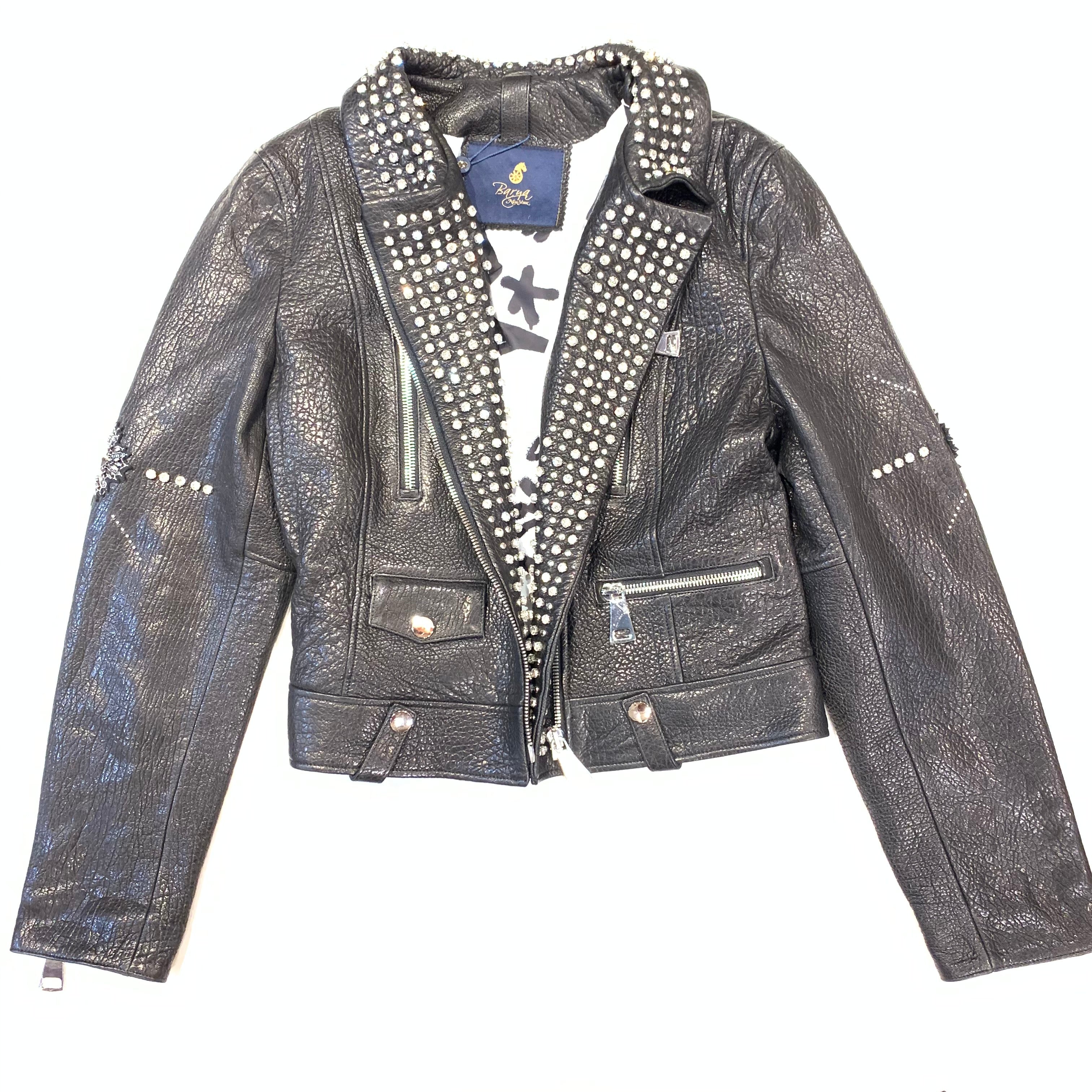 Barya NewYork Ladies Black Crystal Spiked Biker Jacket - Dudes Boutique