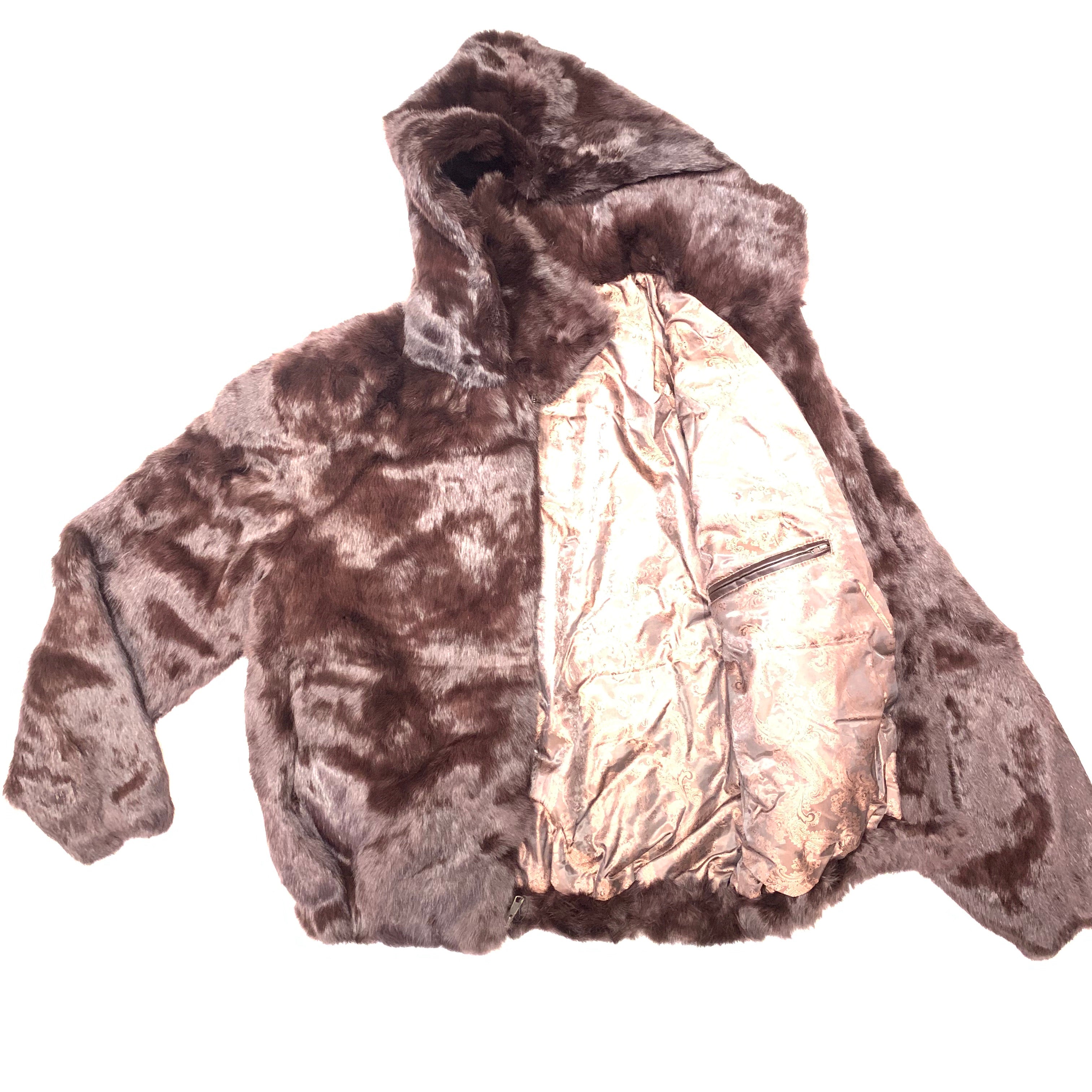 Kashani Dark Brown Rabbit Fur Hooded Bomber Jacket - Dudes Boutique