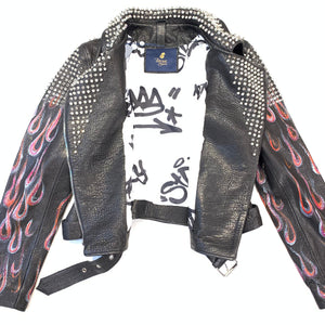 Barya NewYork Ladies Rose Fire Painted Spiked Biker Jacket - Dudes Boutique