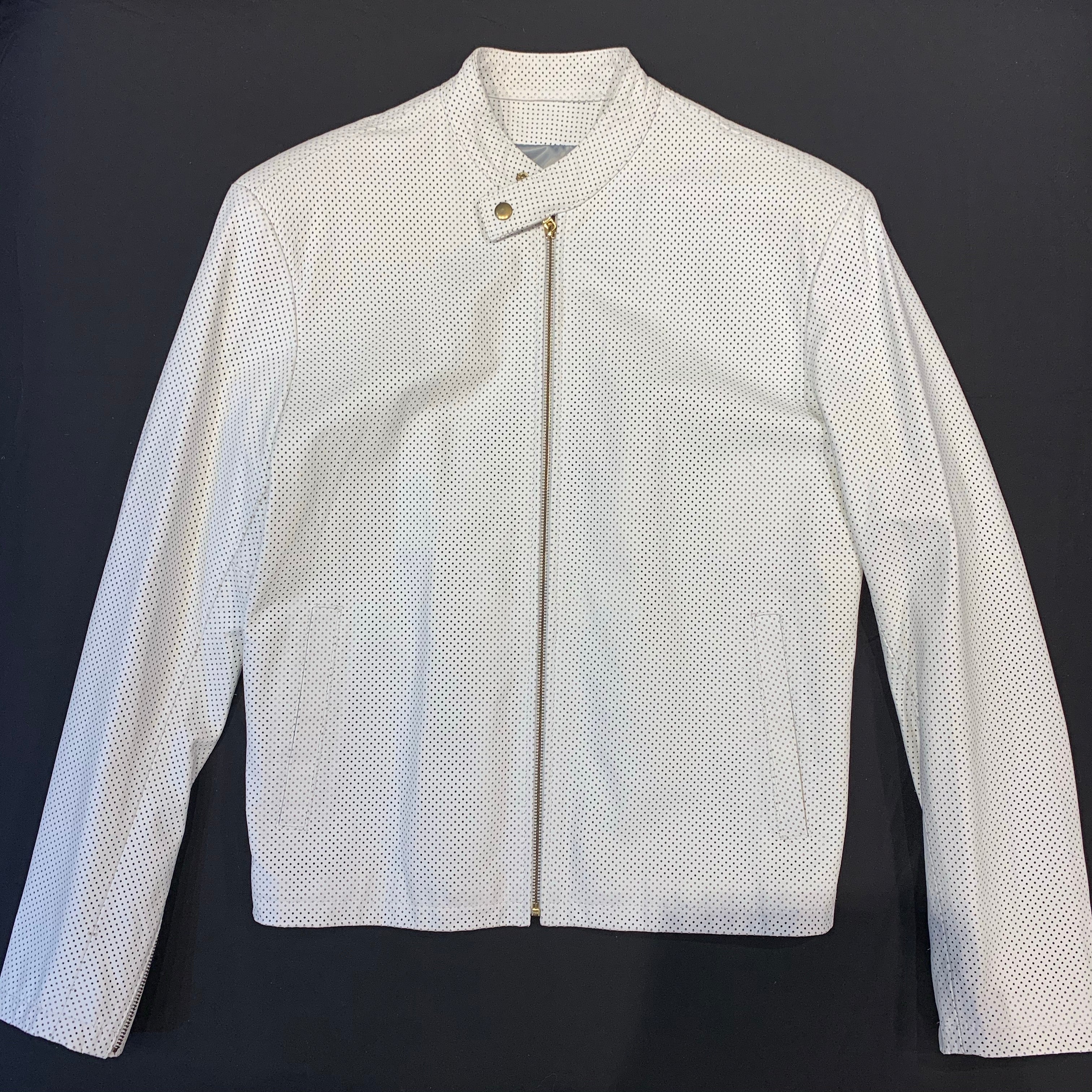 Kashani White Perforated Lambskin Chinese Collar Biker Jacket - Dudes Boutique