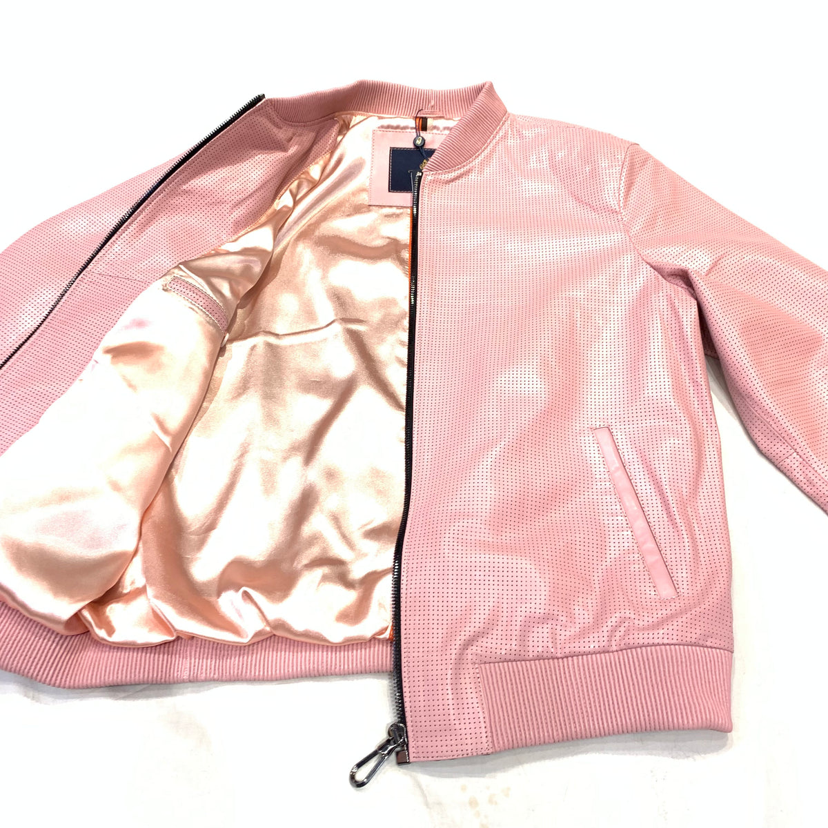 Kashani Baby Pink Perforated Lambskin Bomber Jacket - Dudes Boutique
