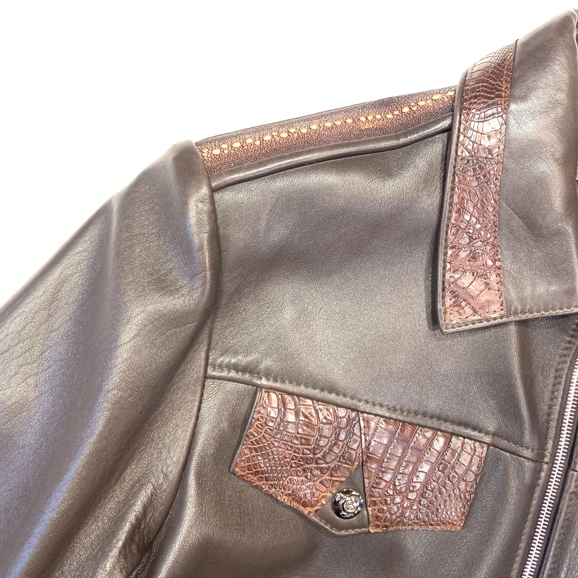 Kashani Men's Dark Brown Alligator/ Stingray/ Lambskin Bomber Jacket - Dudes Boutique