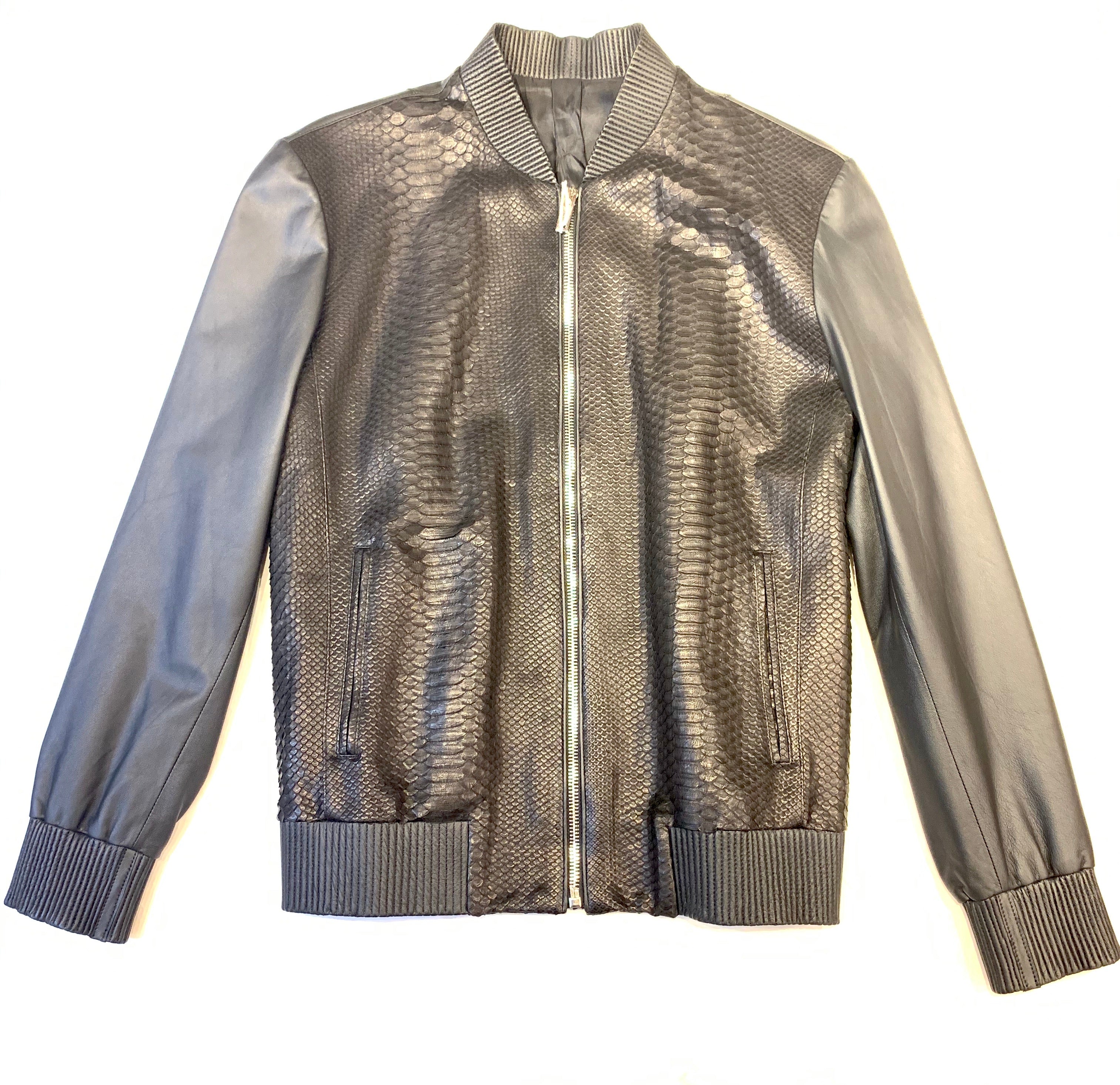 Kashani Men's Jet Black Python/Lambskin Baseball Jacket - Dudes Boutique