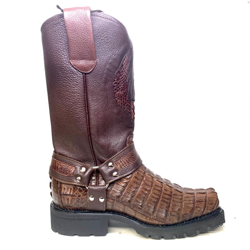 Los Altos Brown Harness Crocodile Tail Biker Boots - Dudes Boutique