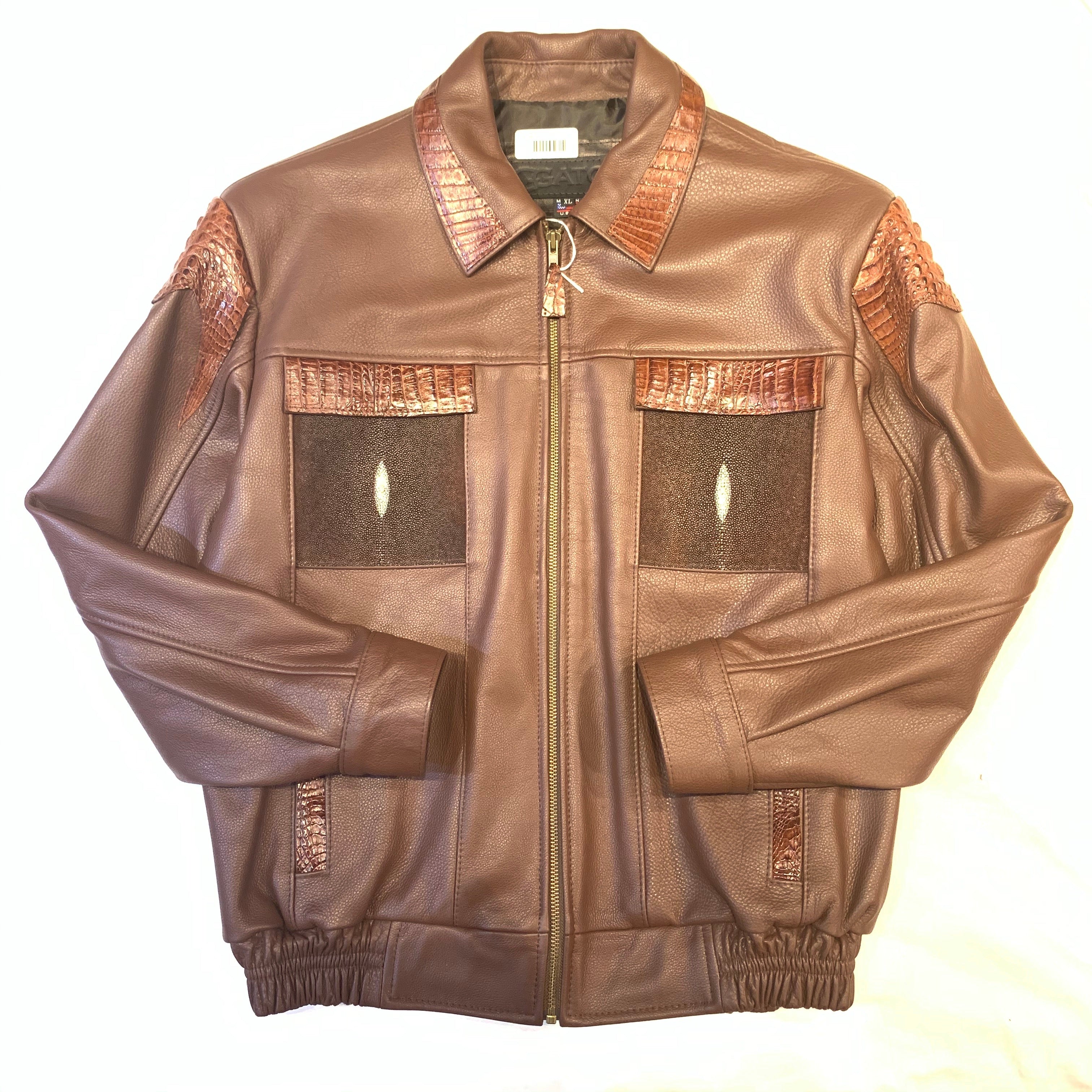 Kashani Chocolate Brown Alligator Horn-Back/Stingray Bomber Jacket - Dudes Boutique