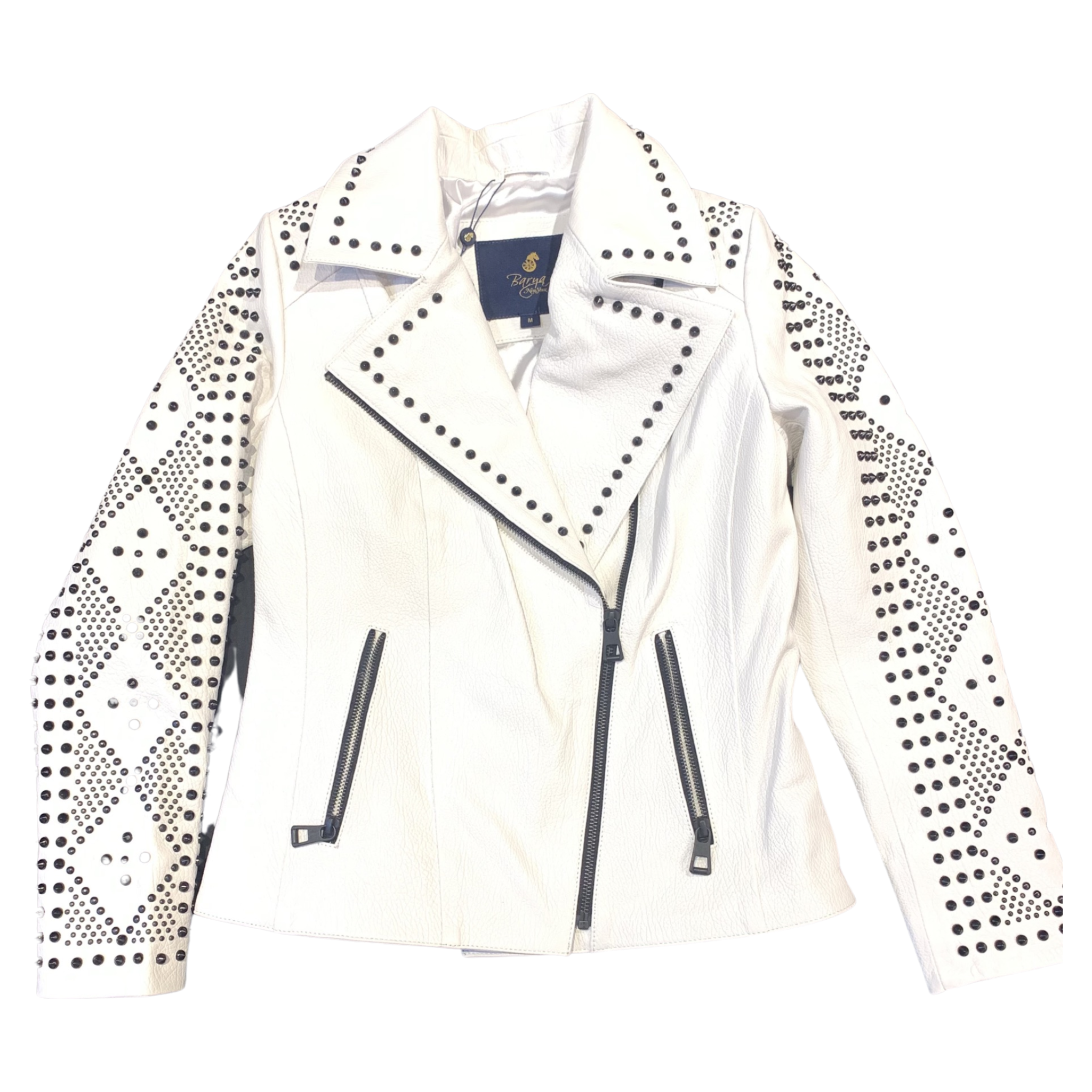 Barya NewYork Ladies White Spike Biker Jacket - Dudes Boutique