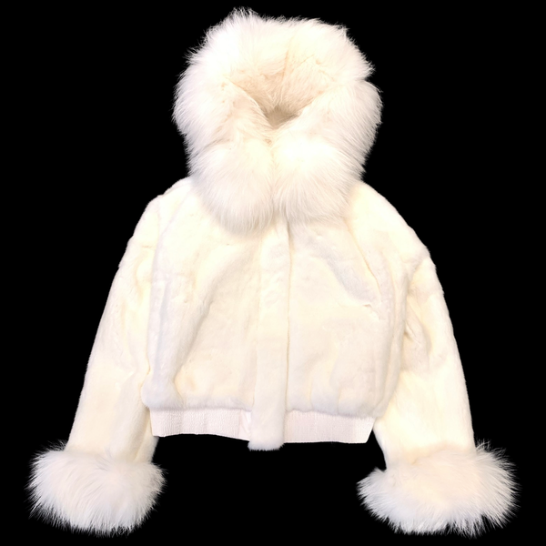 Kashani Ladies White Full Mink Fox Fur Hooded Coat - Dudes Boutique