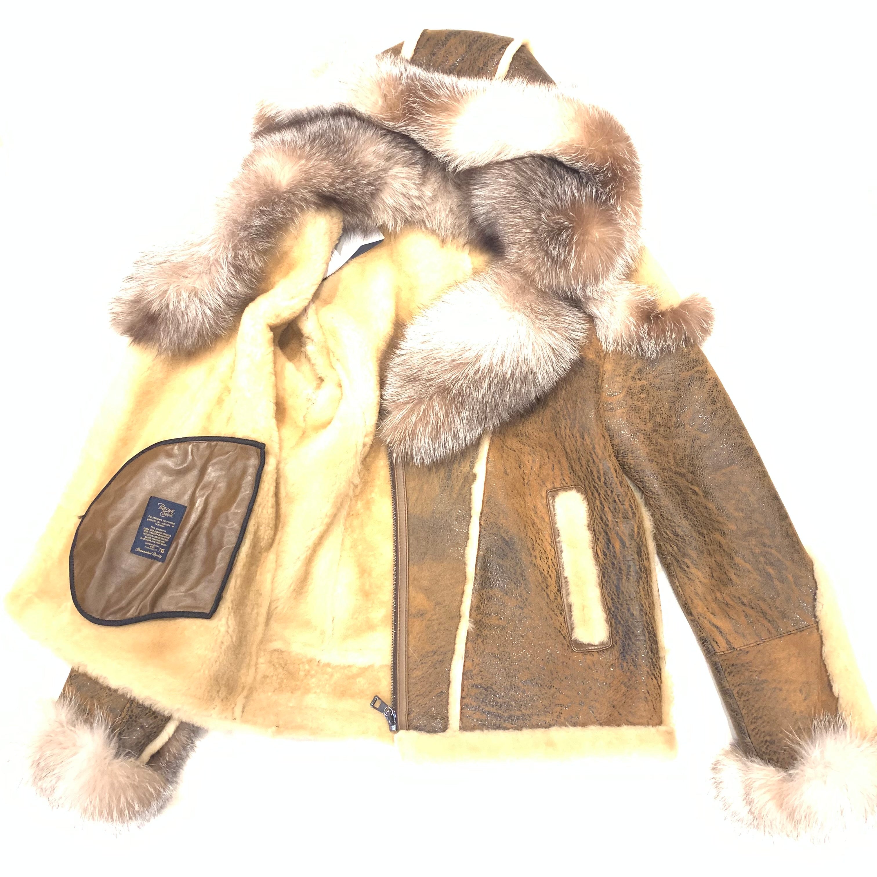 Barya NewYork Caramel Oversized Fox Collar Biker Shearling Coat - Dudes Boutique