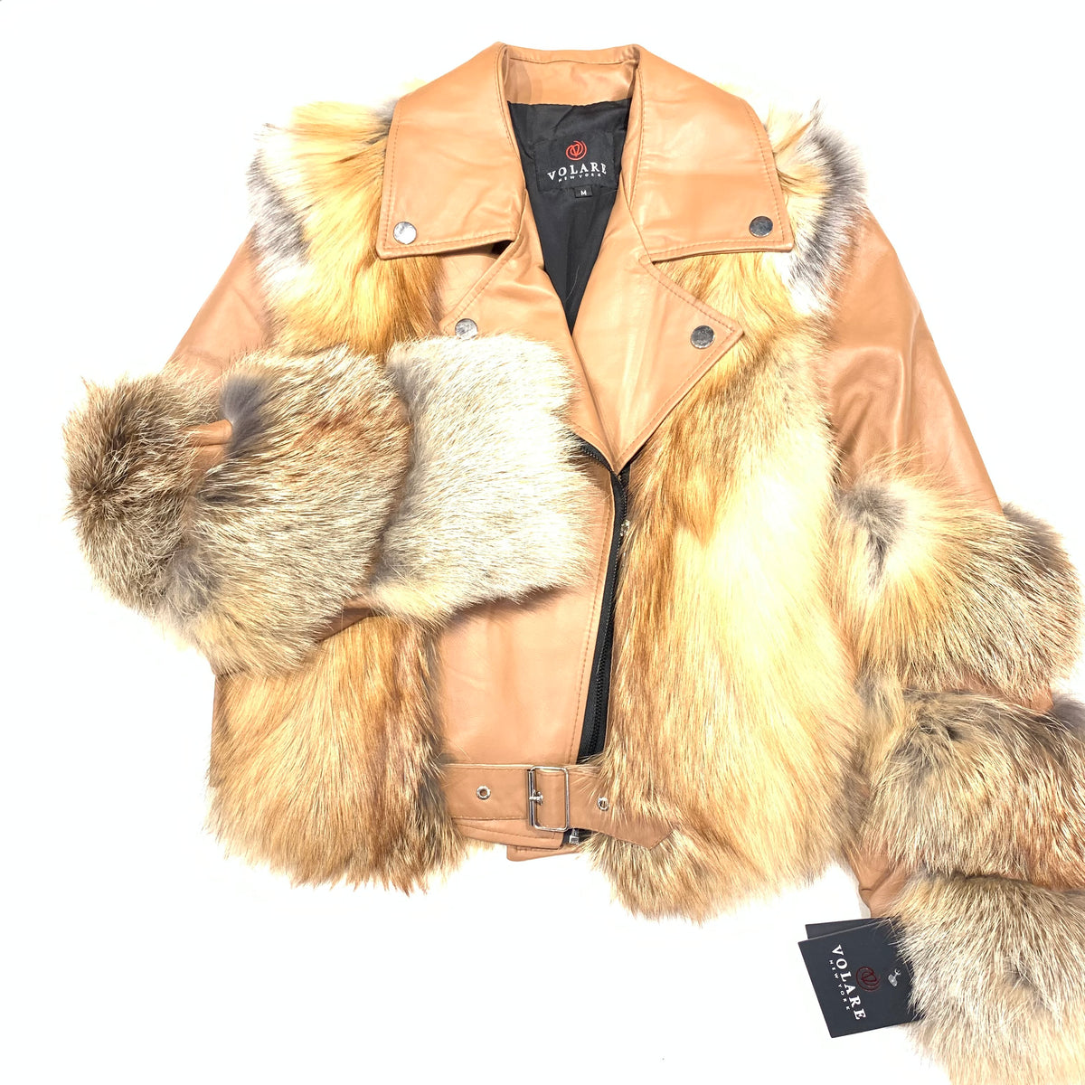 Volare Cognac Fox Fur Biker Jacket - Dudes Boutique