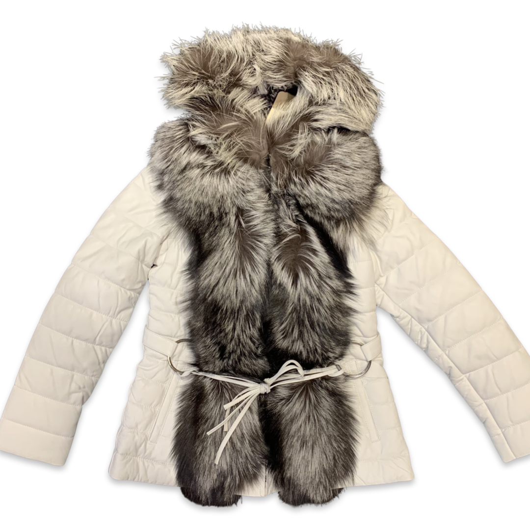 Barya NewYork Womens White Lambskin Fox Fur Coat - Dudes Boutique