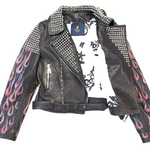 Barya NewYork Ladies Rose Fire Painted Spiked Biker Jacket - Dudes Boutique