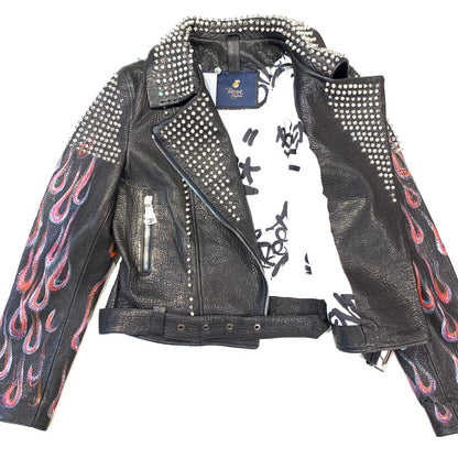 Barya NewYork Ladies Rose Fire Painted Spiked Biker Jacket - Dudes Boutique