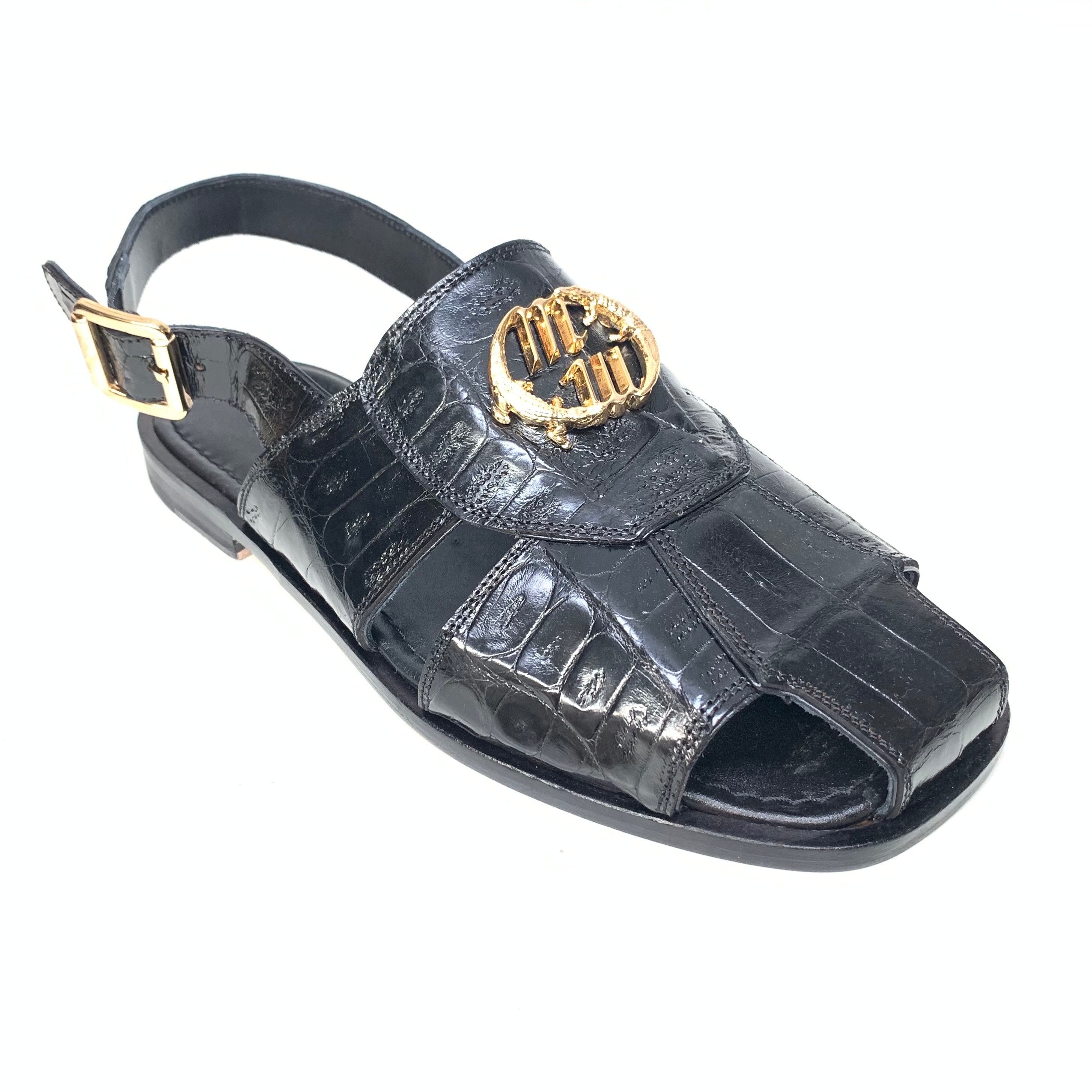 Mauri 5071 Black Gold Buckle Baby Crocodile Sandals - Dudes Boutique