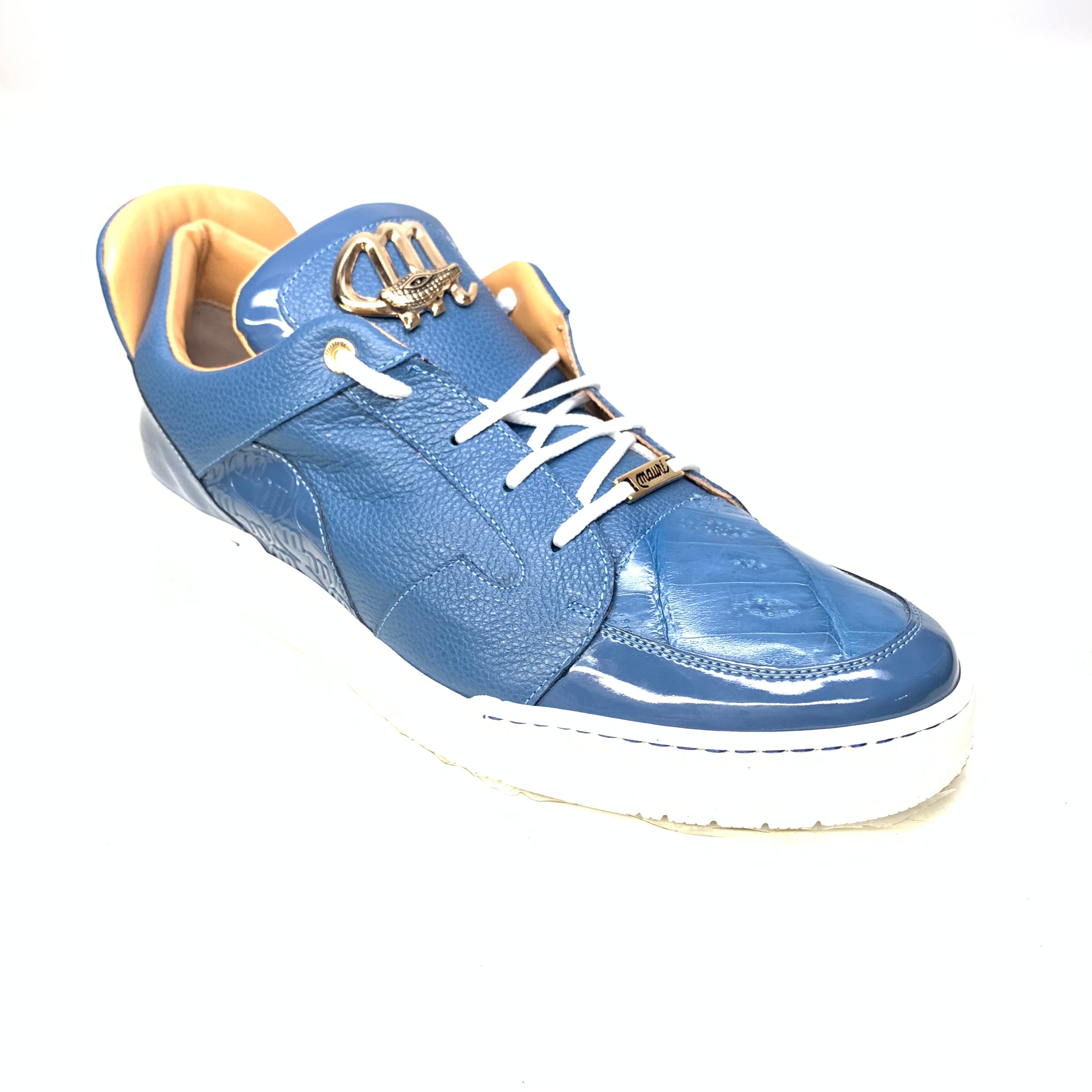 Mauri '8412' Caribbean Blue Alligator/Suede/Patent Leather Low Top Sneakers - Dudes Boutique