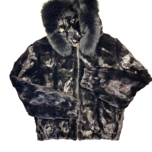 Kashani Ladies Black Diamond Cut Mink Hooded Bomber Jacket - Dudes Boutique