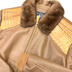 Kashani Men's Two Tone Brown Alligator/ Lambskin Mink Collar Bomber Jacket - Dudes Boutique