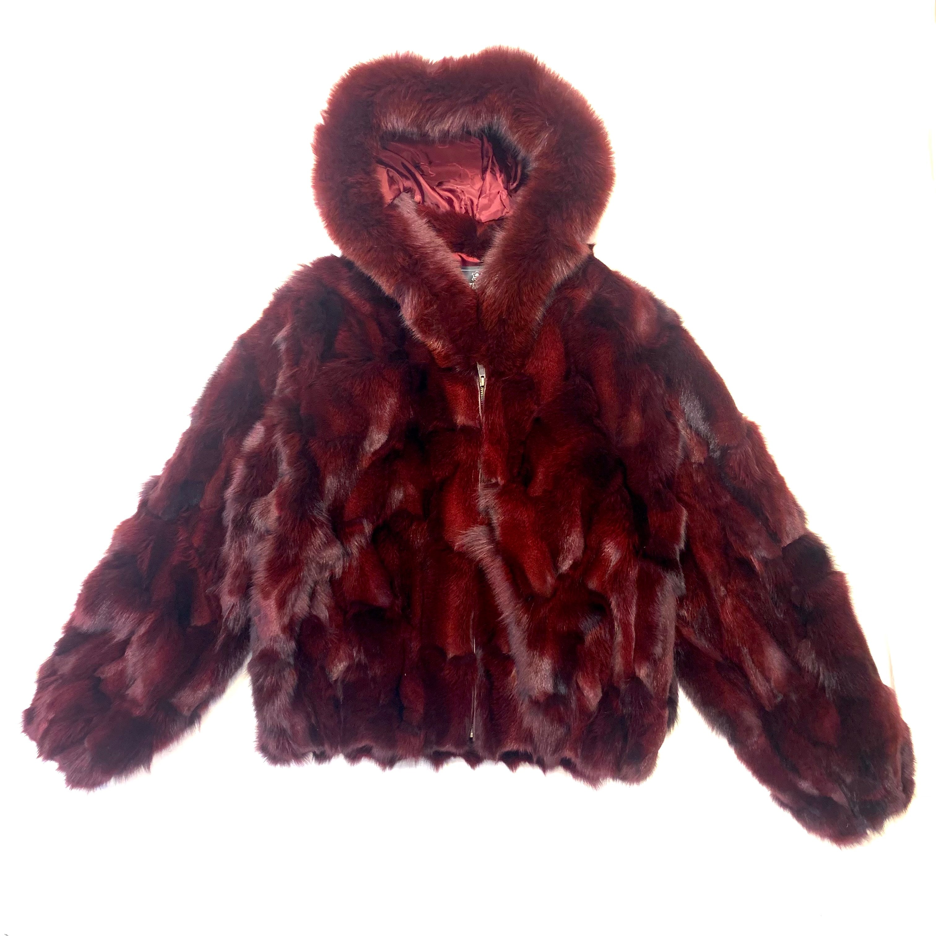 Kashani Women's Wine Full Fox Fur  Hooded Bomber Coat - Dudes Boutique