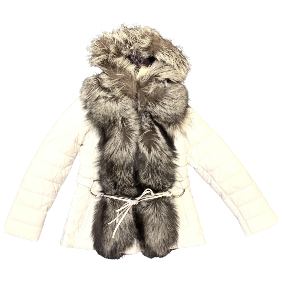 Barya NewYork Womens White Lambskin Fox Fur Coat - Dudes Boutique
