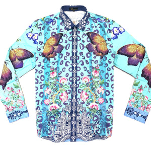 Barocco Men's Teal 'BUTTER FLY EXCHANGE' Crystal Button Up Shirt - Dudes Boutique