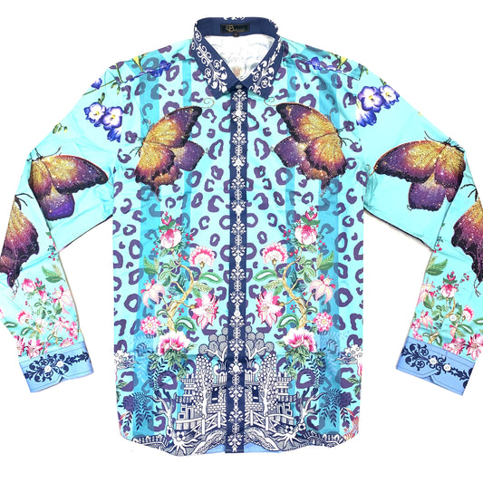 Barocco Men's Teal 'BUTTER FLY EXCHANGE' Crystal Button Up Shirt - Dudes Boutique
