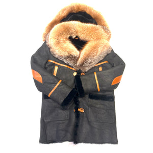 Barya NewYork Black Fox Fur Hooded/ Collar 3/4 Shearling Coat - Dudes Boutique