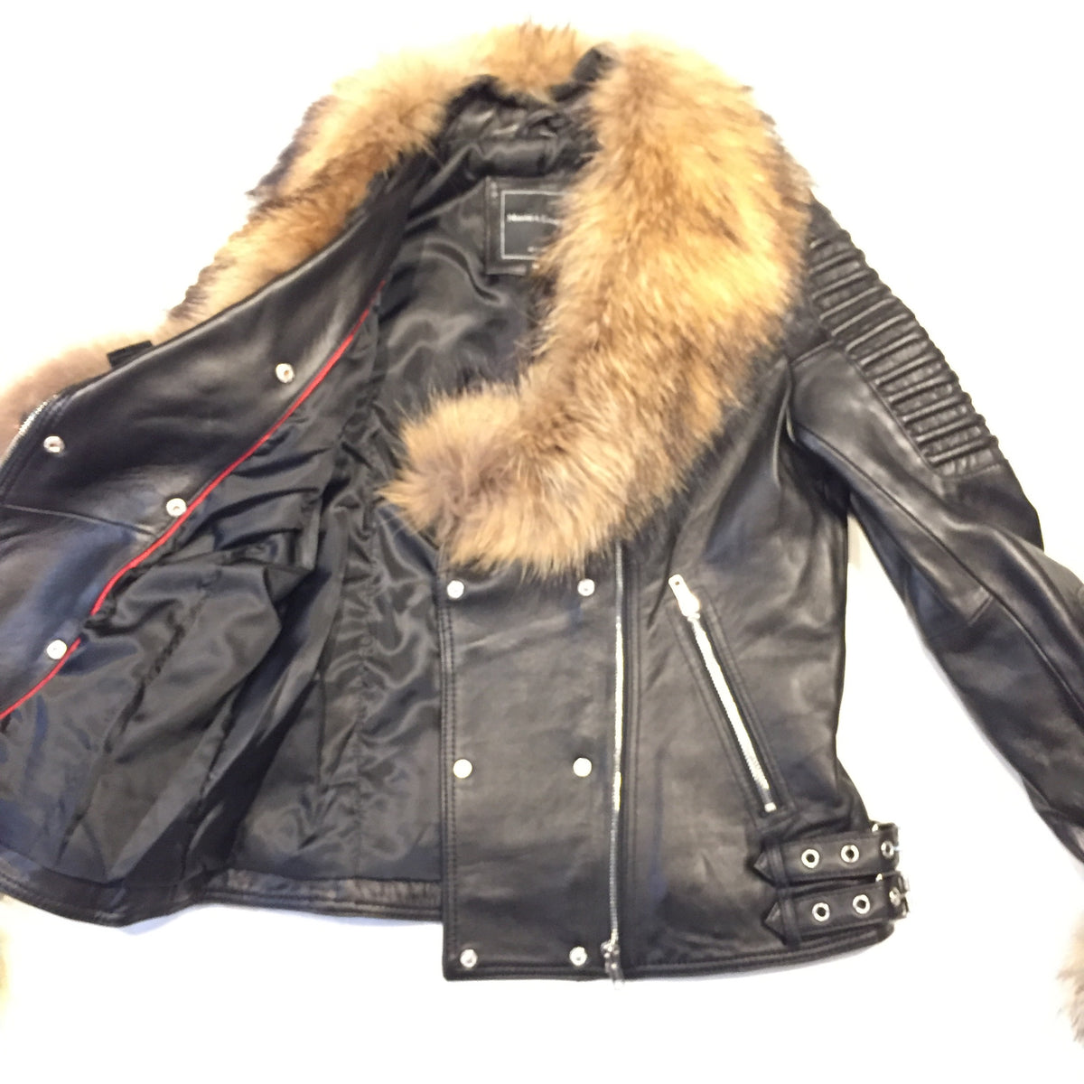 Mason & Cooper Ladies Black Lambskin/Fox Fur Biker Jacket - Dudes Boutique