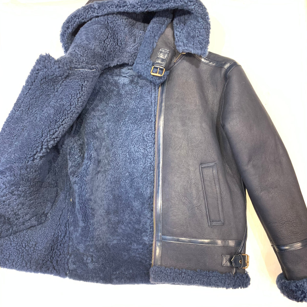 Kashani Navy Blue Hooded Shearling Coat - Dudes Boutique