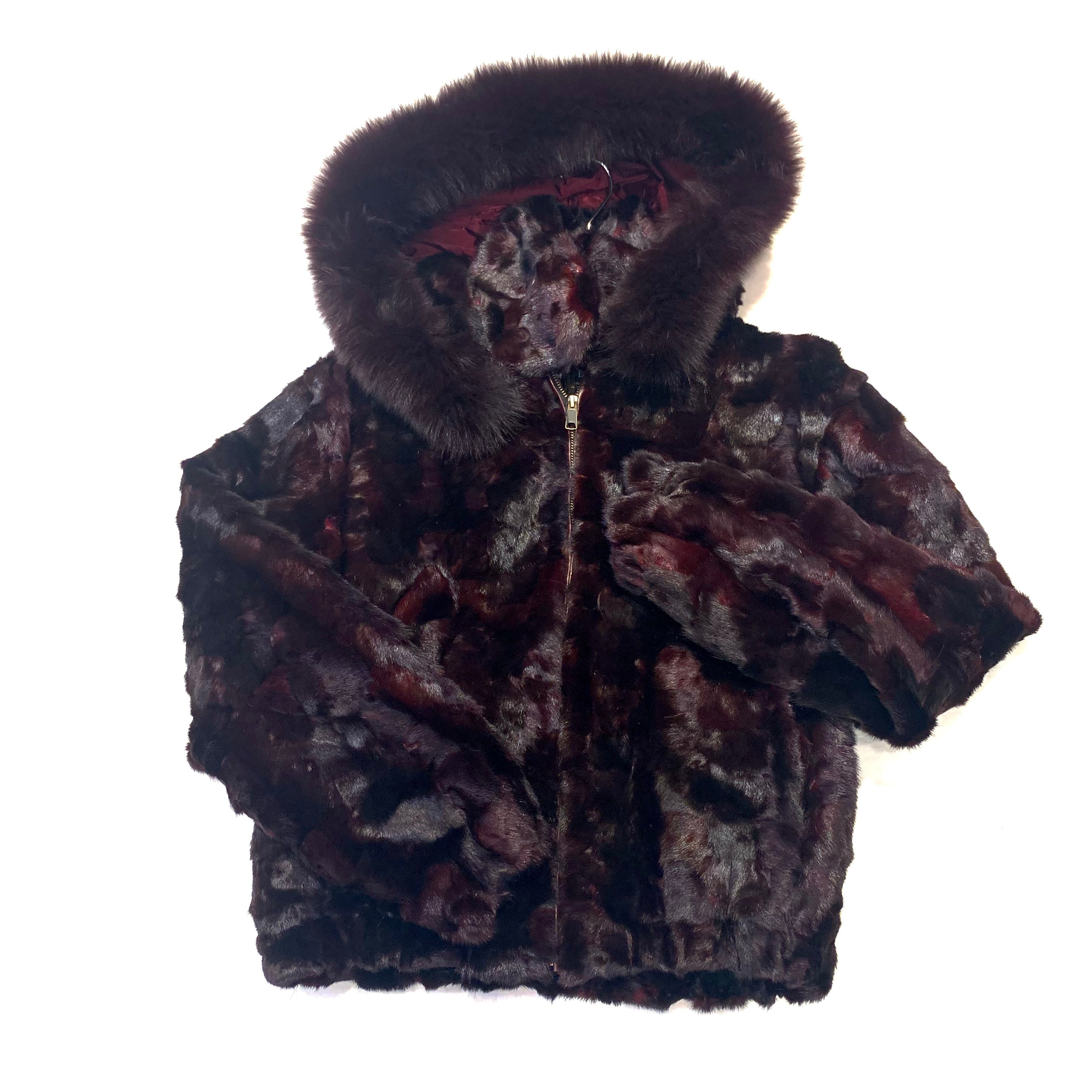 Kashani Women's Wine Diamond Cut Mink Hooded Bomber Jacket - Dudes Boutique