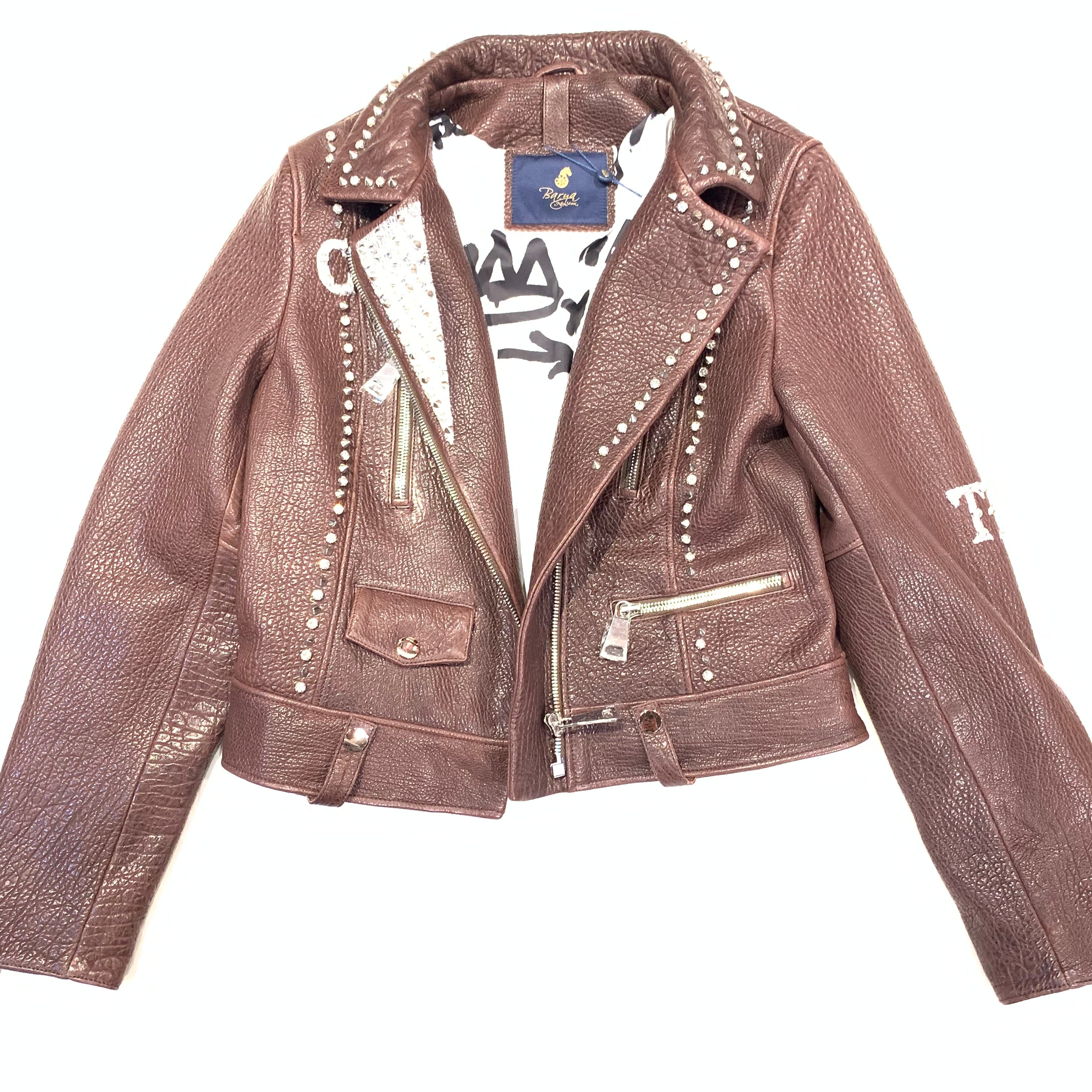 Barya NewYork Ladies Chocolate Spiked Crystal Biker Jacket - Dudes Boutique