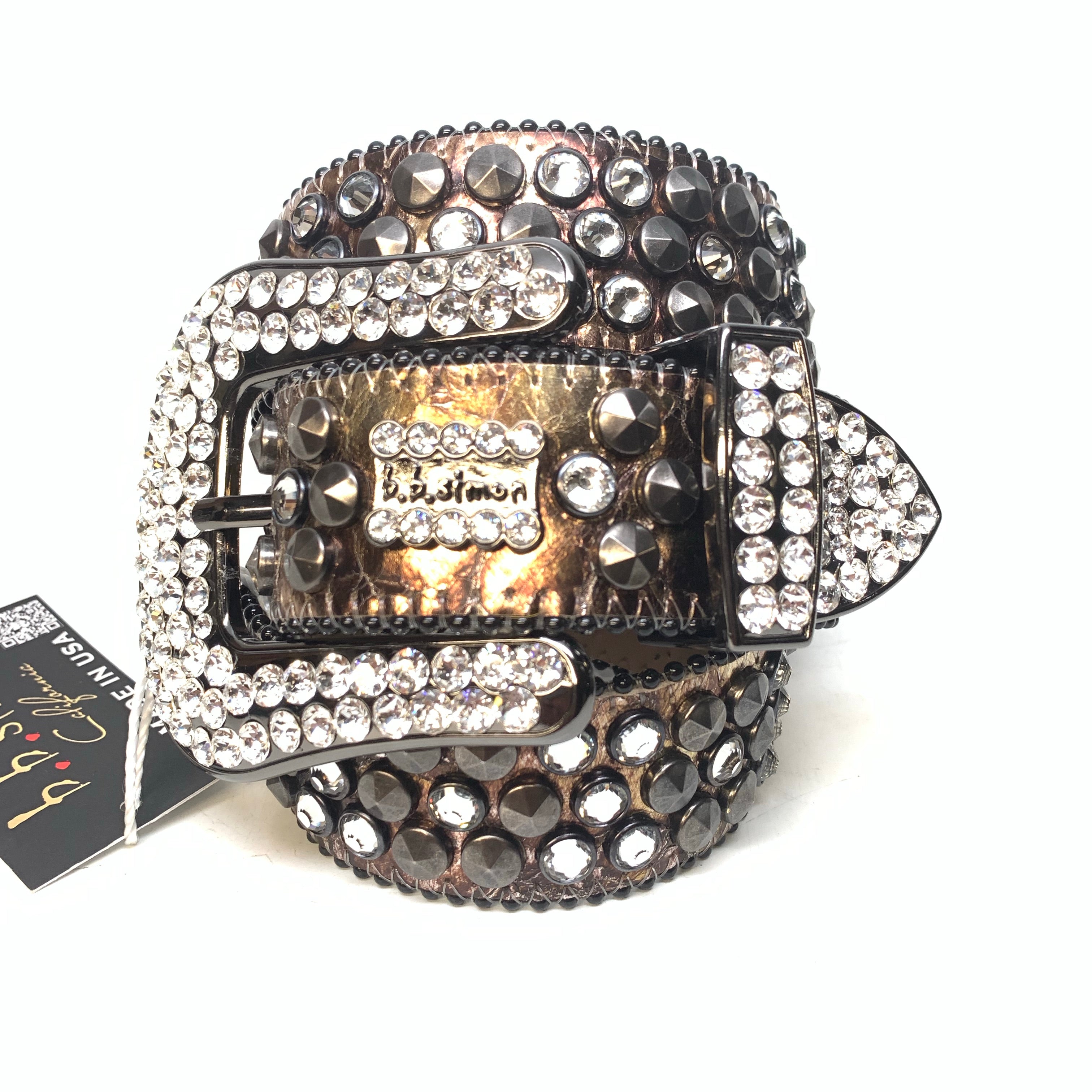 b.b. Simon Platinum Bronze Studded Crystal Belt - Dudes Boutique