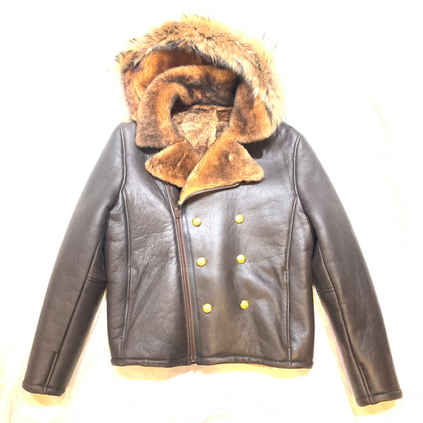 Kashani Brown Double Breast Hooded Fox Shearling Jacket - Dudes Boutique