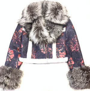 Kashani Ladies Floral Print Fox Fur Shearling Coat - Dudes Boutique