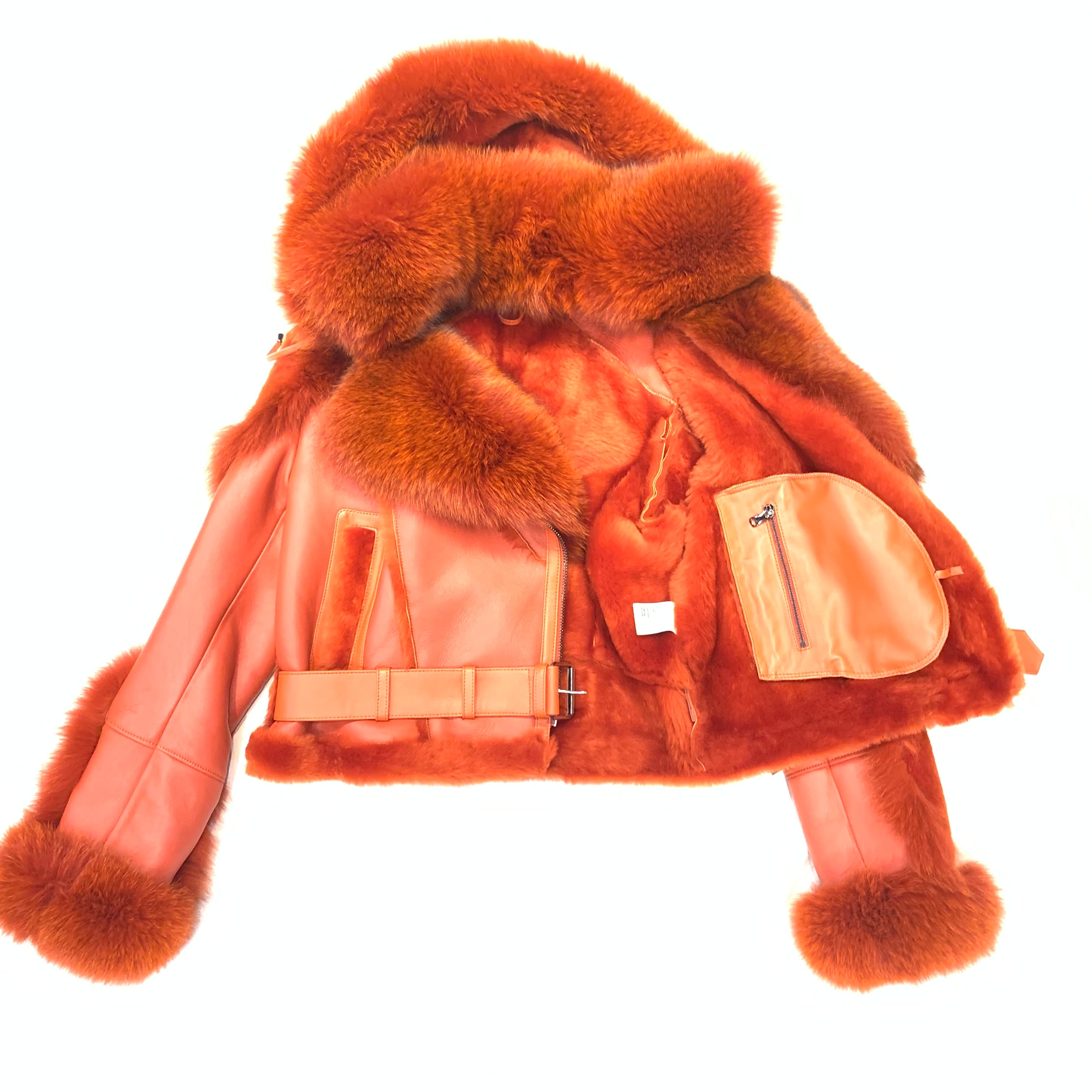 Temer Ladies Burnt Orange Biker Fox Shearling Coat - Dudes Boutique