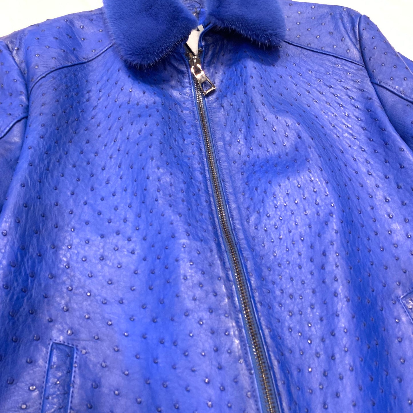 Barya NewYork Royal Blue Full Ostrich Quill/Mink Collar Bomber Jacket - Dudes Boutique