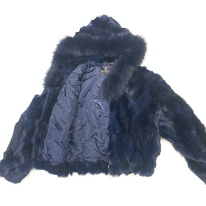 Kashani Women's Navy Blue Full Fox Fur Hooded Bomber Coat - Dudes Boutique