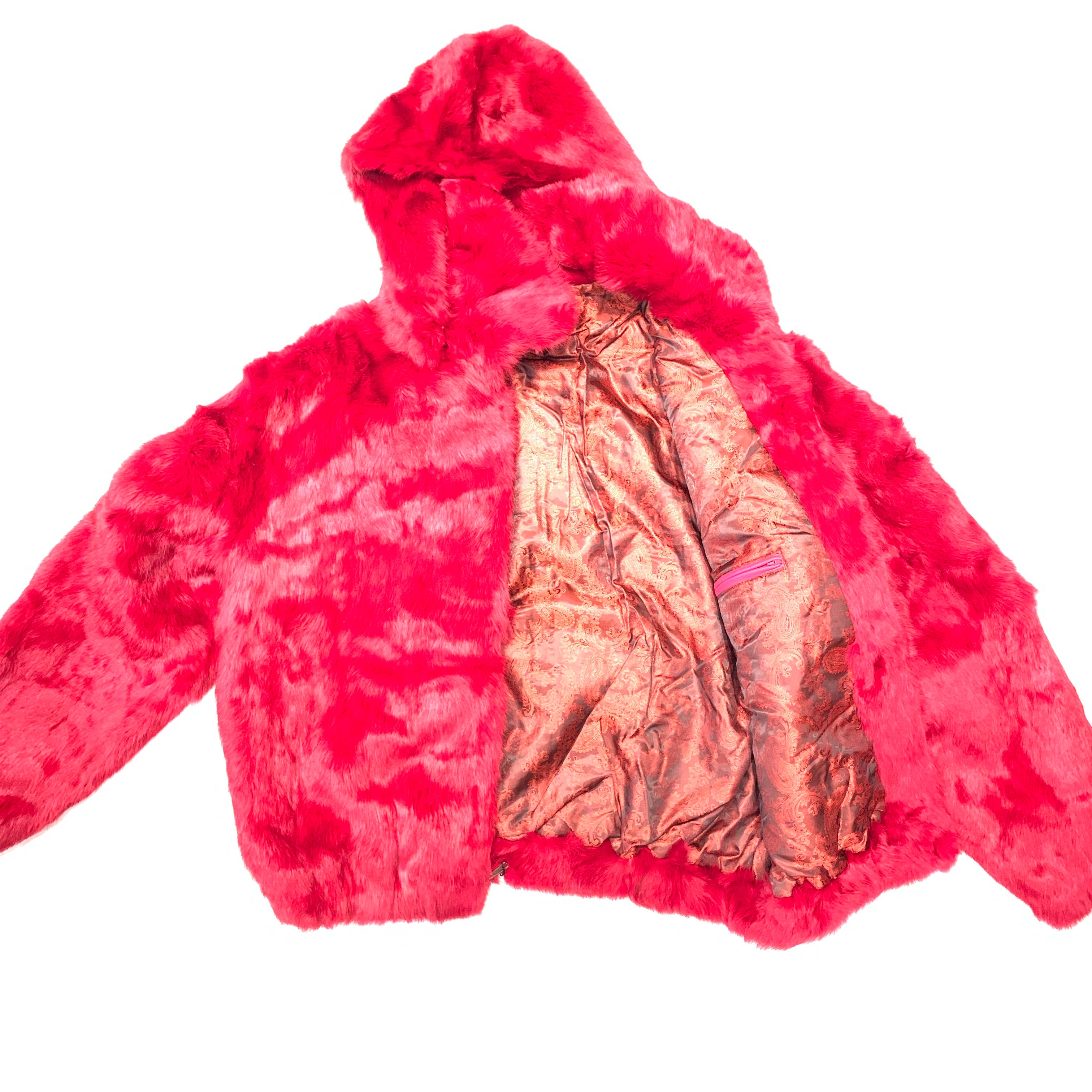 Kashani Men's Red Rabbit Fur Hooded Bomber Jacket - Dudes Boutique