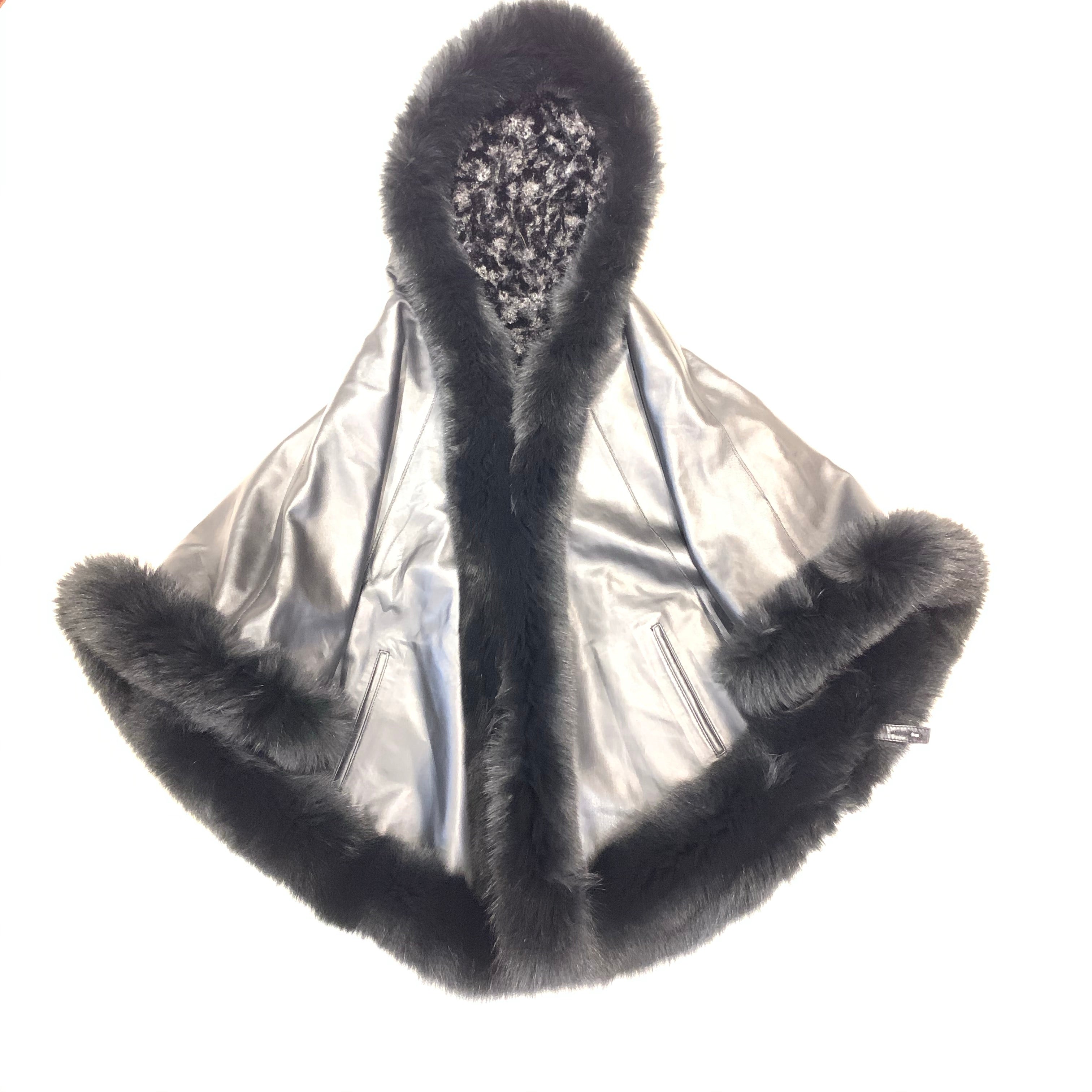 Barya NewYork Black Lambskin Hooded Fox Fur Reversible Poncho - Dudes Boutique