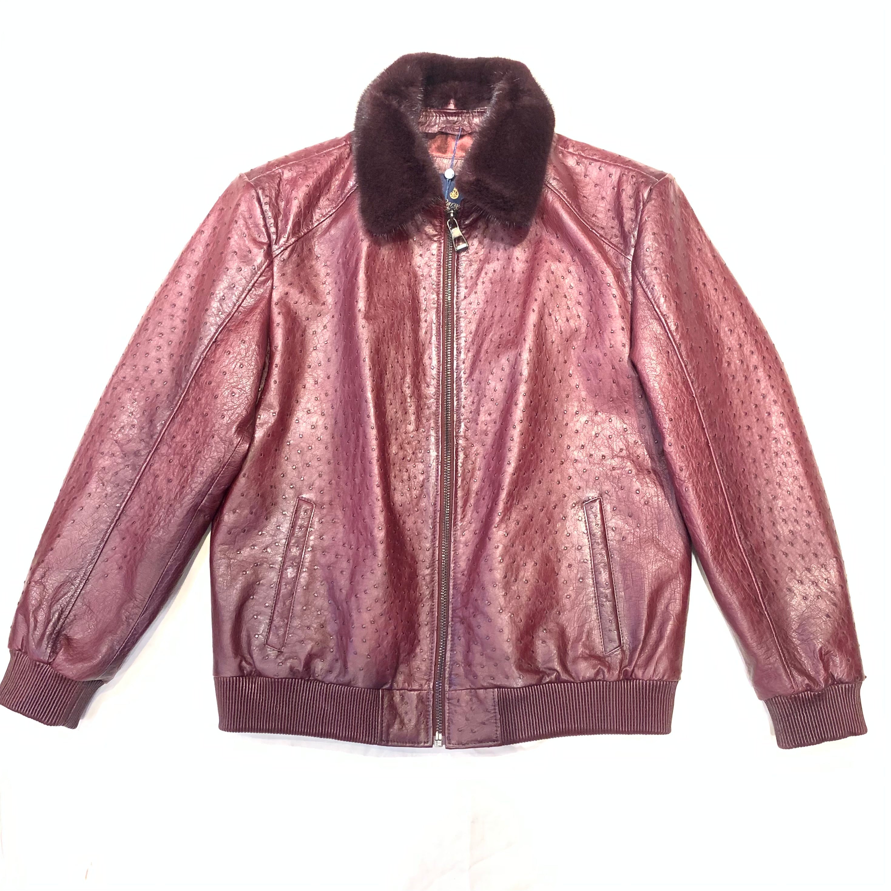 Barya NewYork Wine Burgundy Full Ostrich Quill/Mink Collar Bomber Jacket - Dudes Boutique