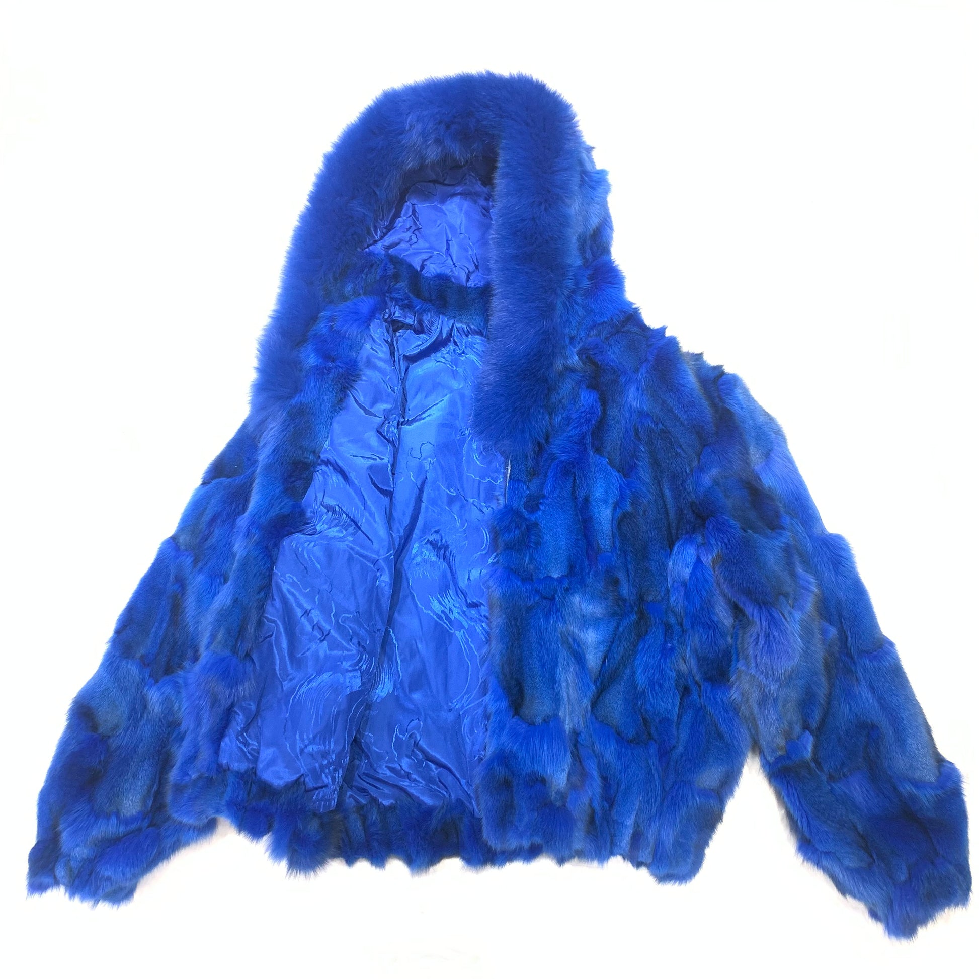 Kashani Women's Royal Blue Full Fox Fur  Hooded Bomber Coat - Dudes Boutique