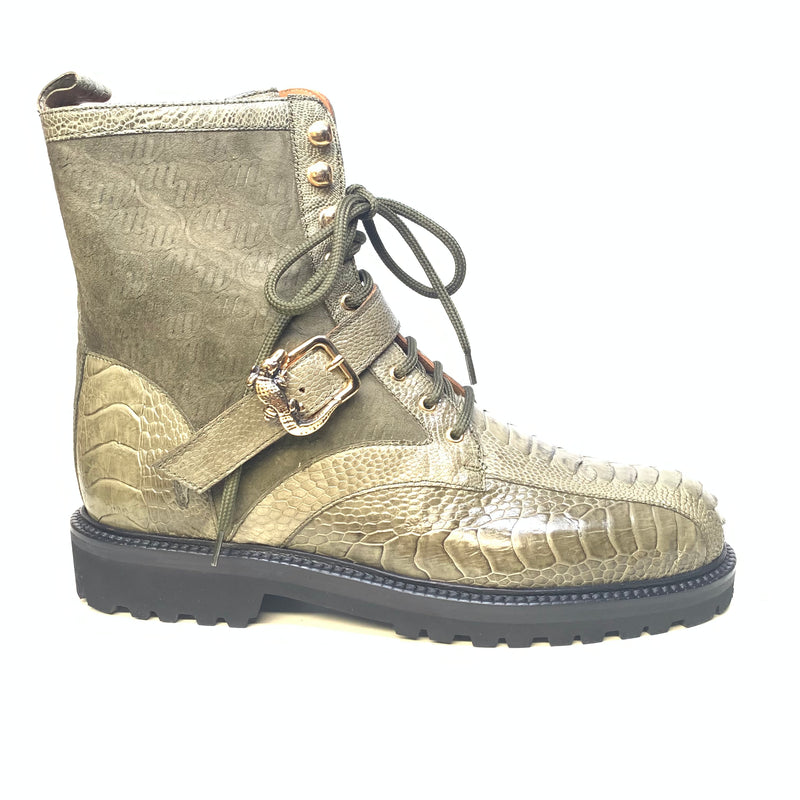 Mauri 4997 Soldier Ostrich Leg & Suede Embossed Boots Money Green - Dudes Boutique