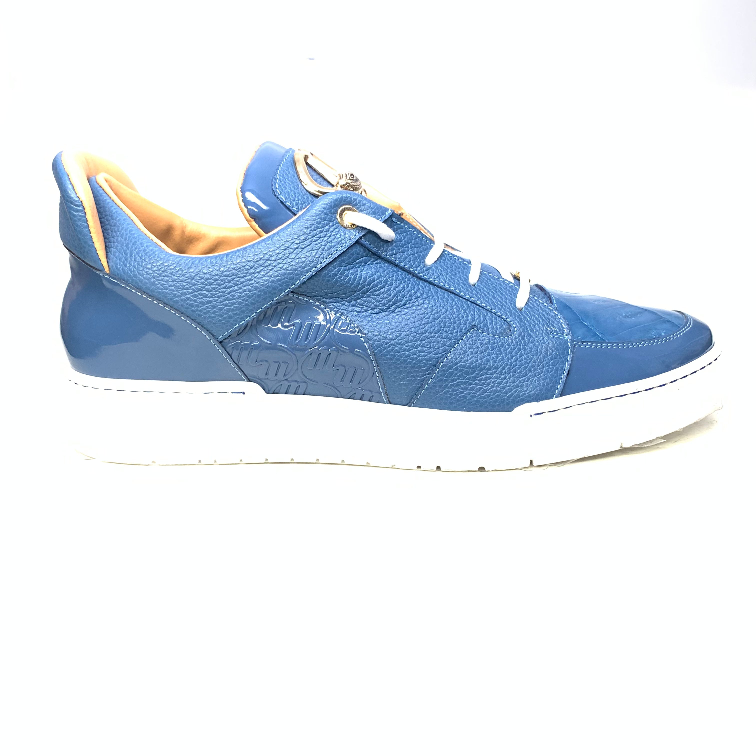 Mauri '8412' Caribbean Blue Alligator/Suede/Patent Leather Low Top Sneakers - Dudes Boutique