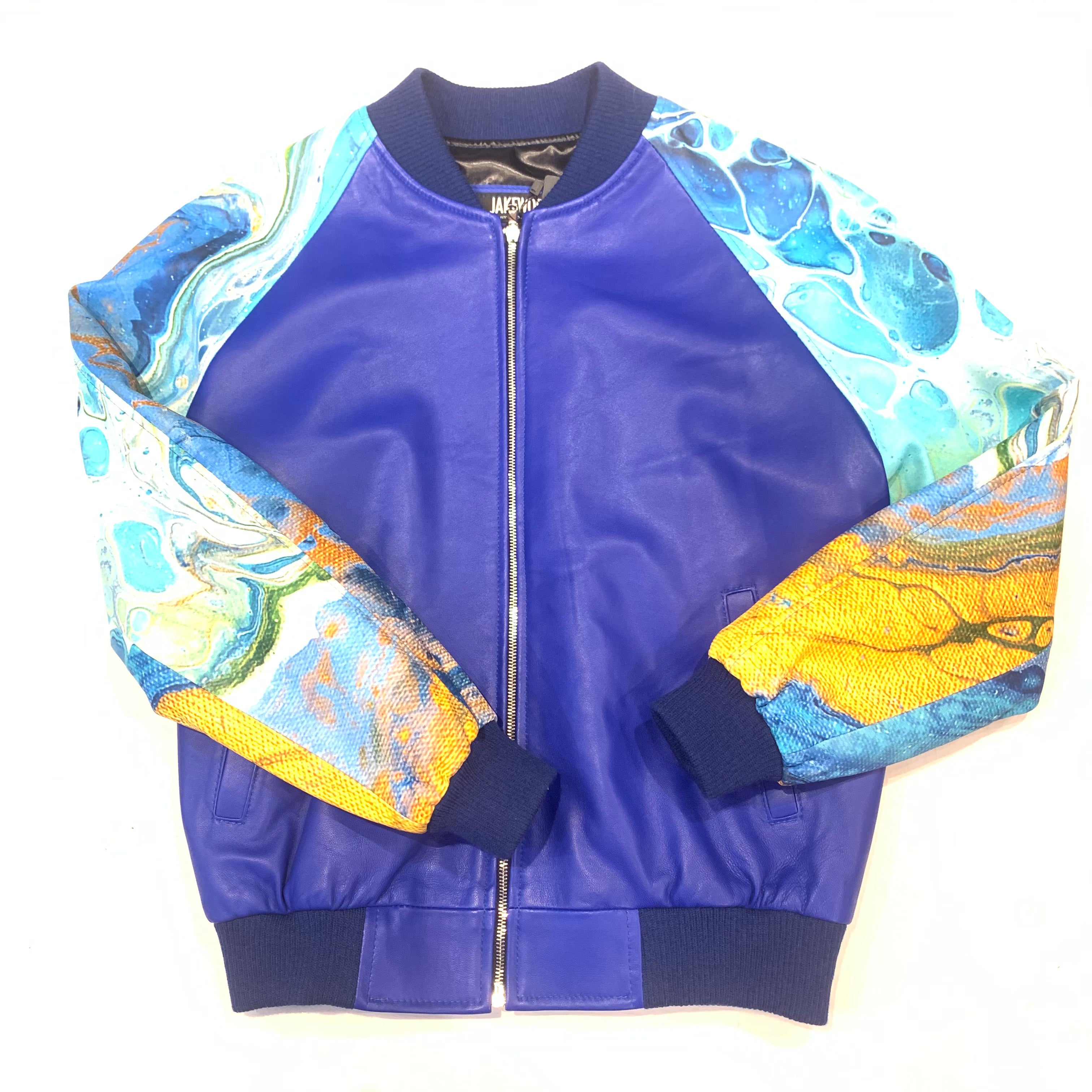 Kashani Men's  Two Tone Ocean Blue Lambskin Varsity Jacket - Dudes Boutique